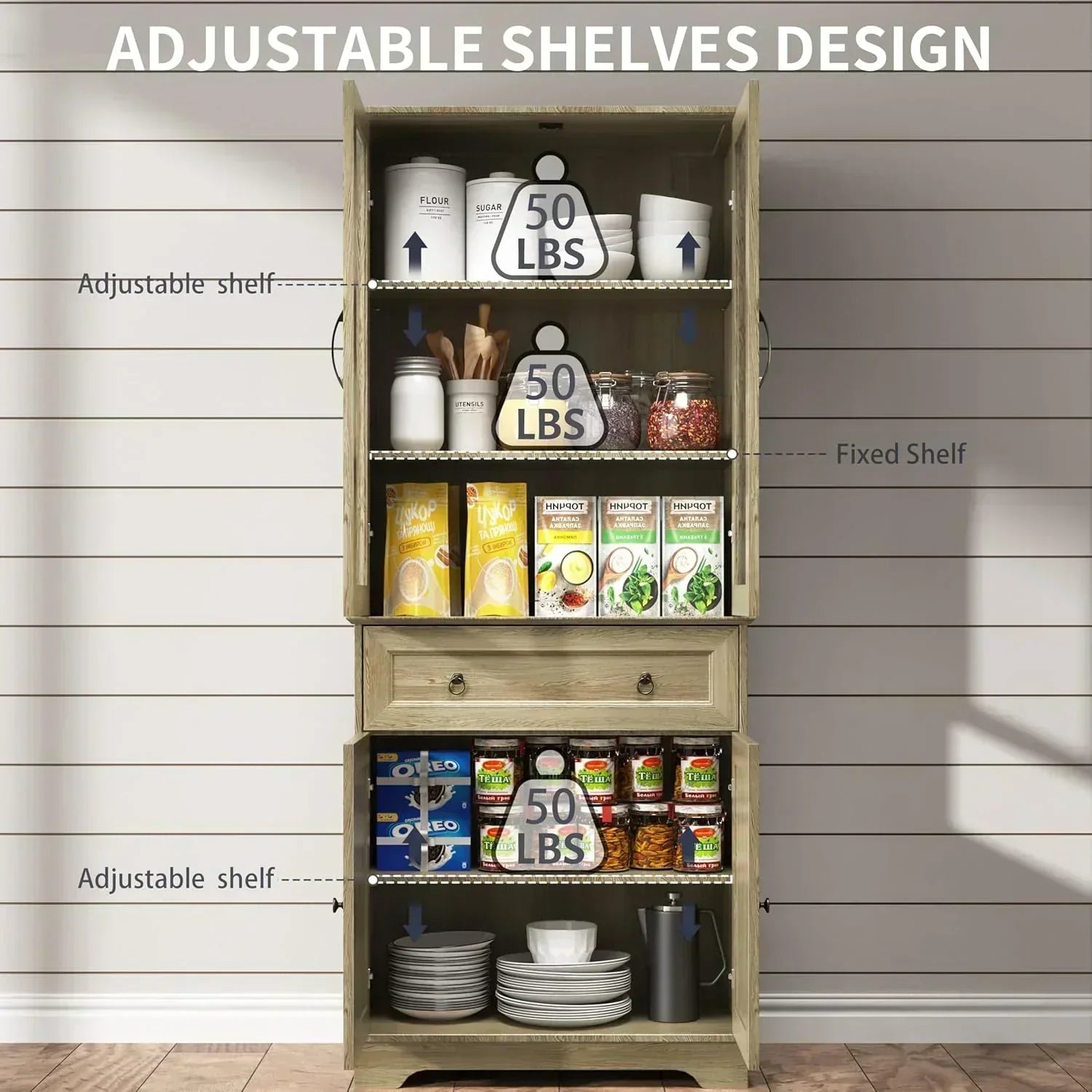 Kitchen Hutch Pantry Cabinet 71 Tall with Glass Doors