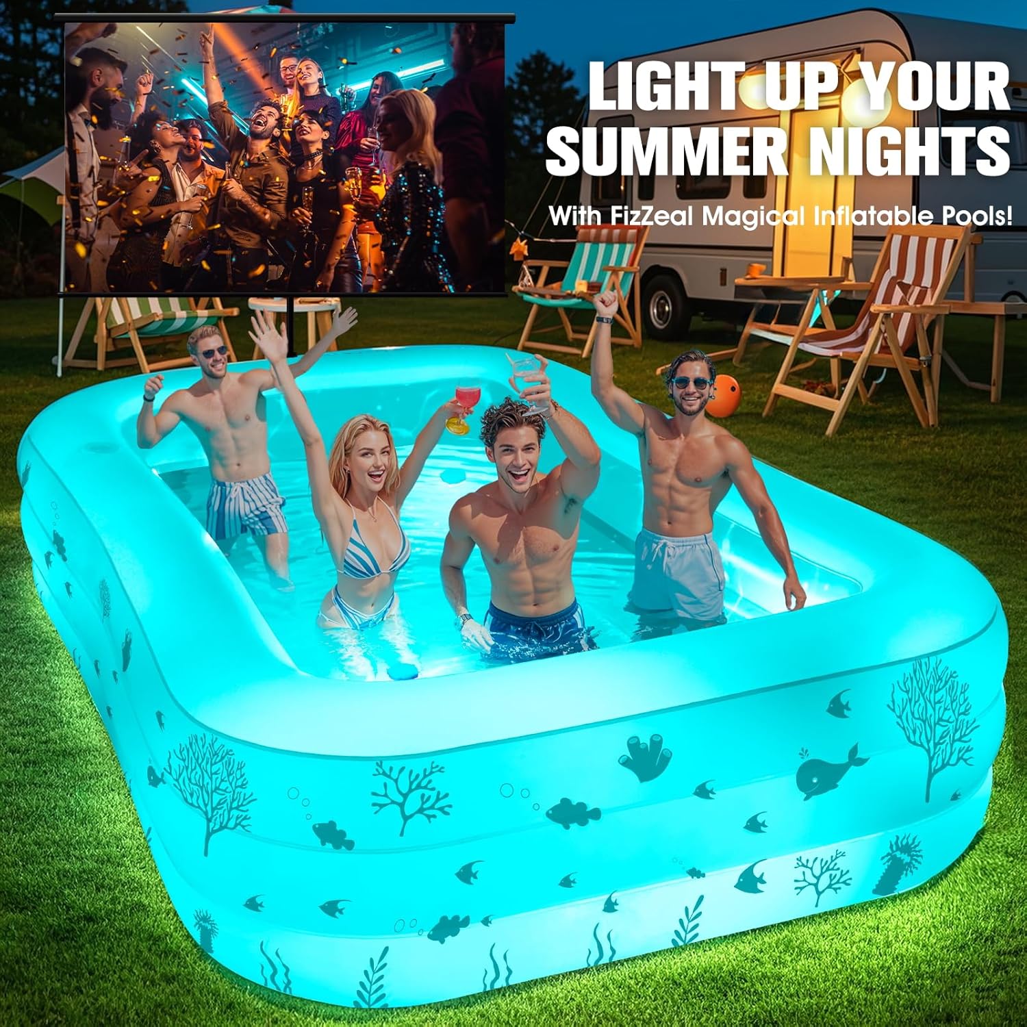 Inflatable Pool with Seat and Pool Lights, Durable Thickened Large Size Family Inflatable Pools for Adults Blow Up Pools,105 x 65 x 25Swimming Inflatable Kids PooI for Backyard,Outdoor (White)