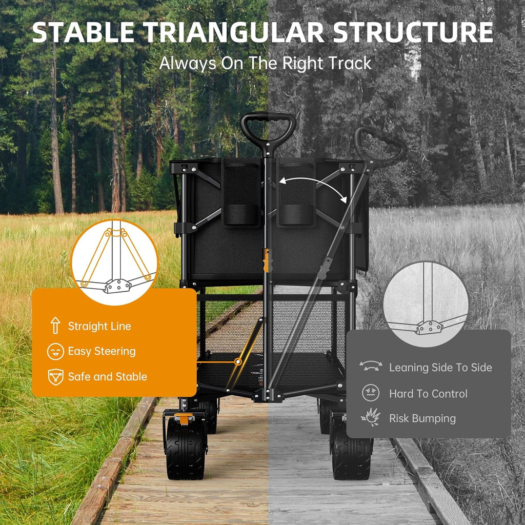 Foldable 50''L Extra Long Double Decker Wagon for Sport 400L Collapsible Heavy Duty Wagon Cart