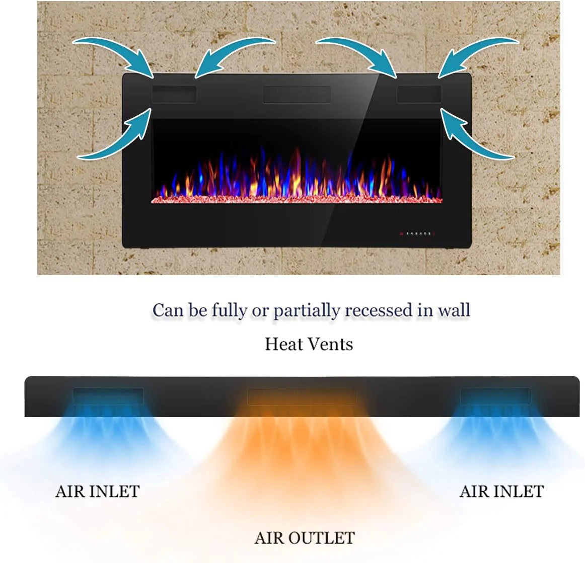 R.W.FLAME 60 Recessed and Wall Mounted Electric Fireplace, Low Noise, Fit for 2 x 6 Stud, Remote Control with Timer, Touch Screen, Adjustable Flame Color and Speed, 750-1500W