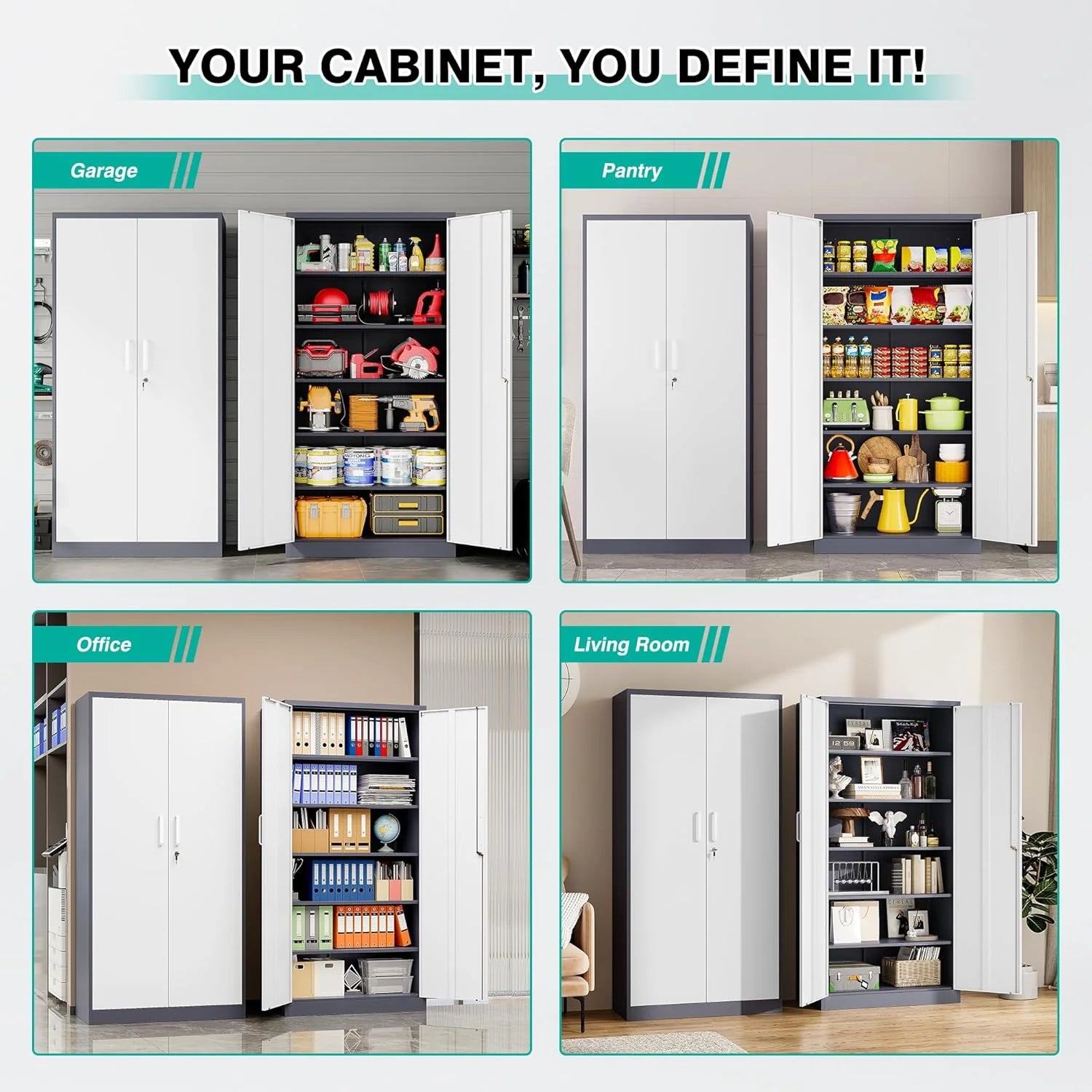 Metal Storage Cabinet with 2 Doors and 6 Shelves, Black Metal Cabinet with Lock, 71 Inch Lockable Garage Storage Cabinet