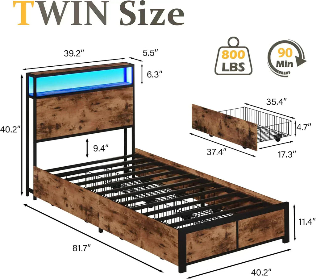 Lifezone Queen Bed Frame 2-Tier Storage Headboard Metal Platform Bed Frame 4 Storage Drawers