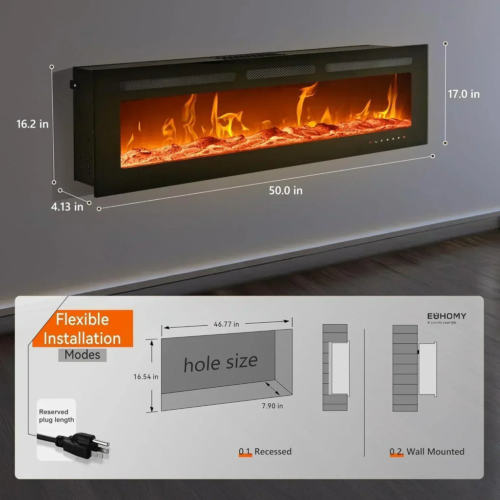 EUHOMY 50 Inch Electric Fireplace Wall Recessed Adjustable Flame Color Fireplace Heater
