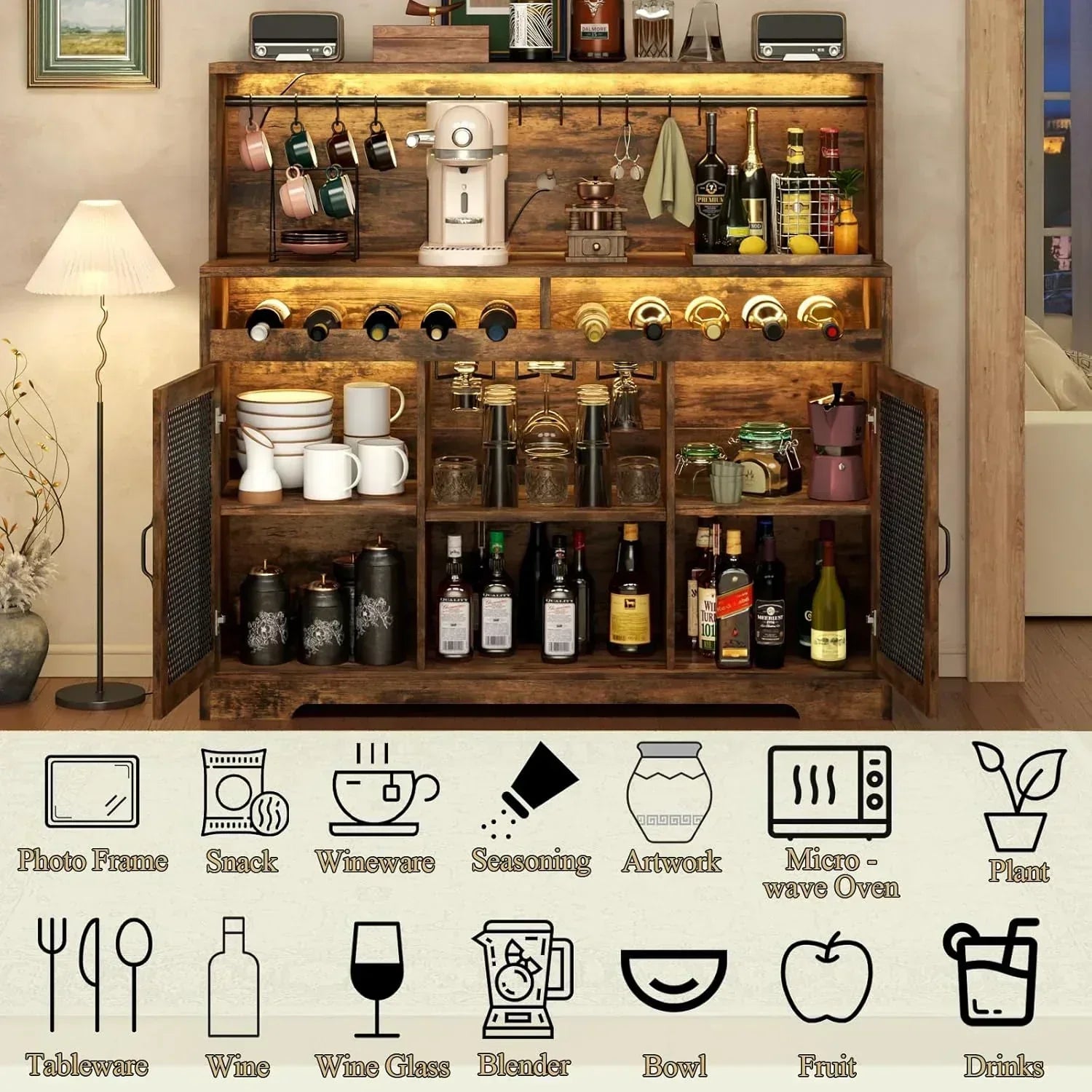 Wine Bar Cabinet with LED Light Liquor Cabinet with Glass Holder Coffee Bar for Liquor