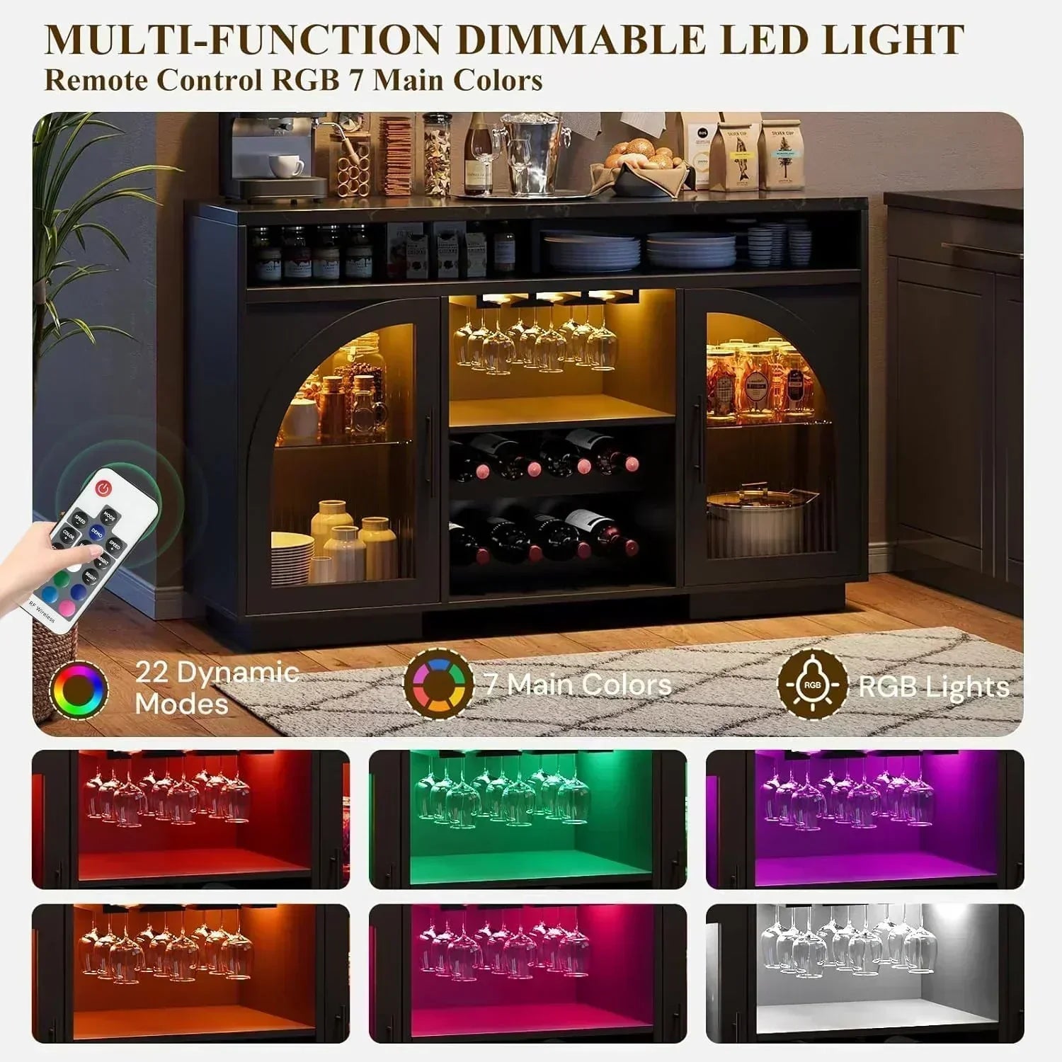 Sideboard 54-inch kitchen cabinet with LED lights and arched glass doors tall bar cabinet