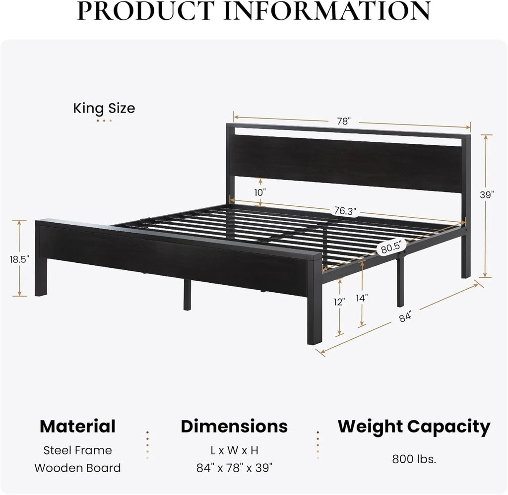 SHA CERLIN 14 Inch Queen Size Metal Platform Bed Frame with Wooden Headboard and Footboard
