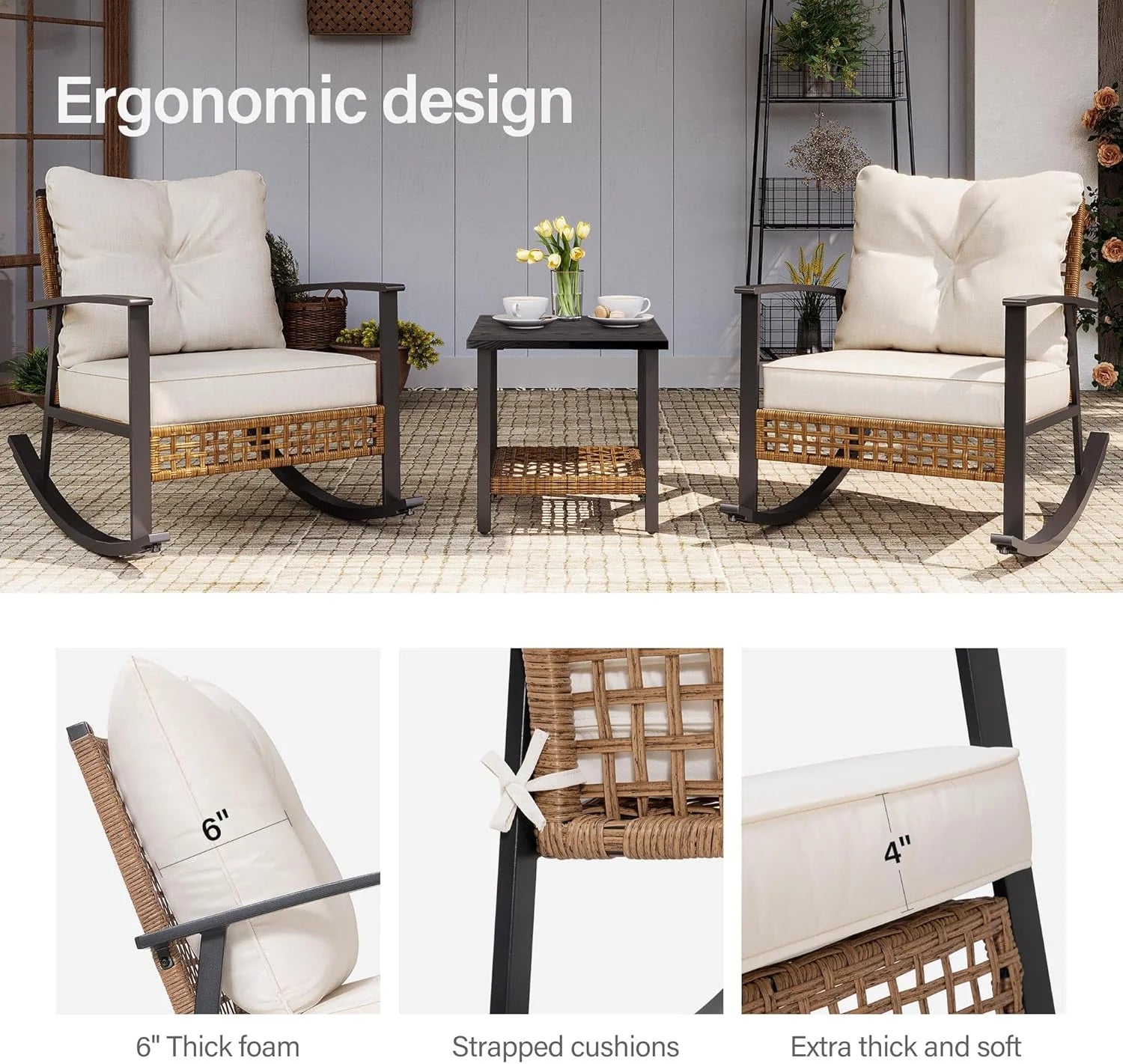 LAUSAINT HOME 3 Piece Rocking Bistro Set Outdoor Patio Furniture Oversize Rattan Conversation Set