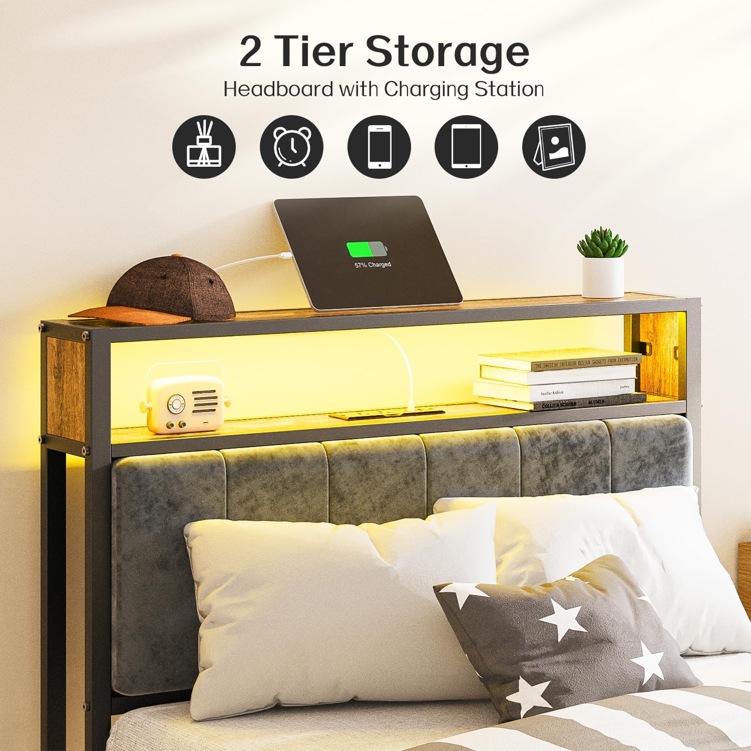 OLEVS Single Bed Frame LED Light Storage Headboard Charging Station Metal Platform Bed