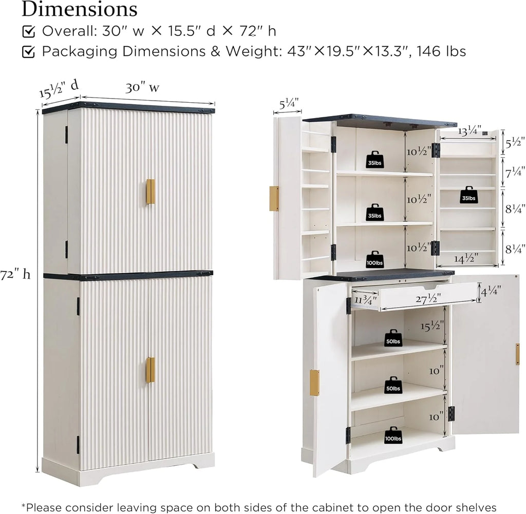 Fluted Pantry Cabinet, 72 Tall Modern Storage Cabinet with 4 Doors, Organizer, Drawer and Adjustable Shelves, Wood Cupboard for Kitchen, Dining Room, Living Room and Bathroom, Natural Oak