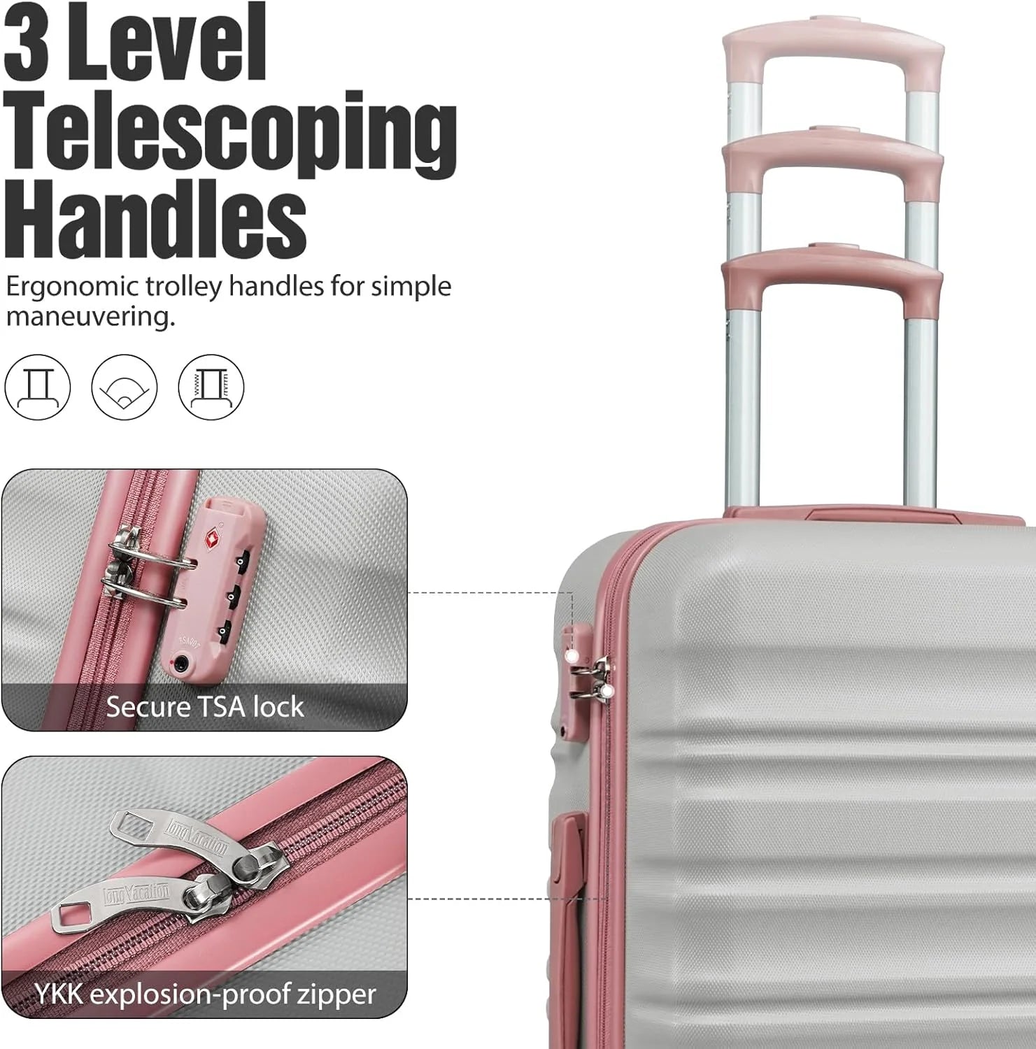 LONG VACATION 6 Piece Luggage Set Carry on Suitcase with ABS+PC hardshell, Spinner Wheels & YKK Zipper TSA Lock
