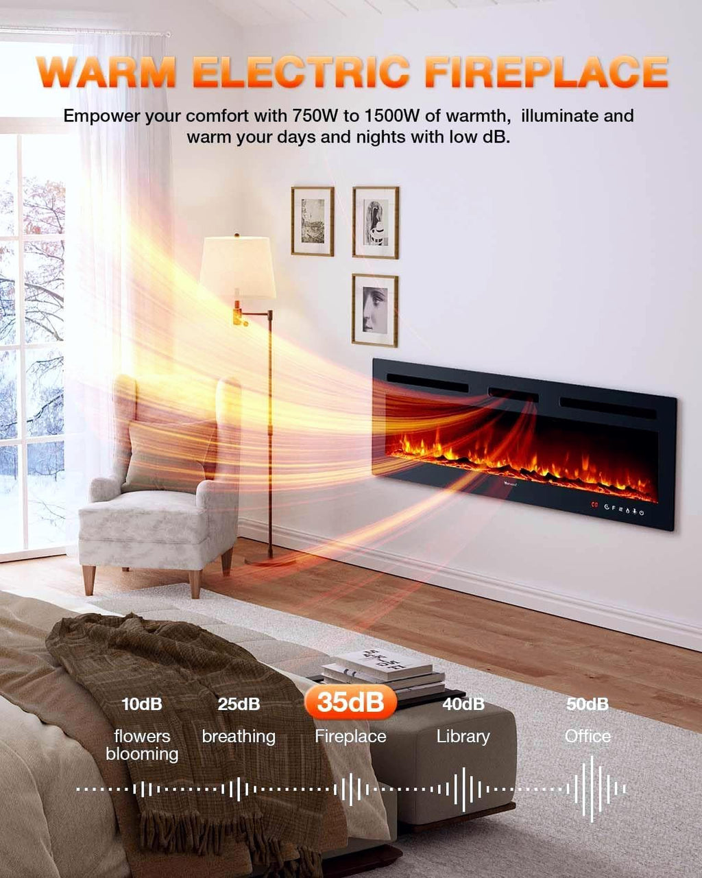 Electric Fireplace 60Inch,Wall Mounted Electric Fireplace Heater with Timer Inserts��TV Stand Touch Screen and Realistic Flame,Log Set,Crystal Flames 750 to 1500W��Remote for Living Room
