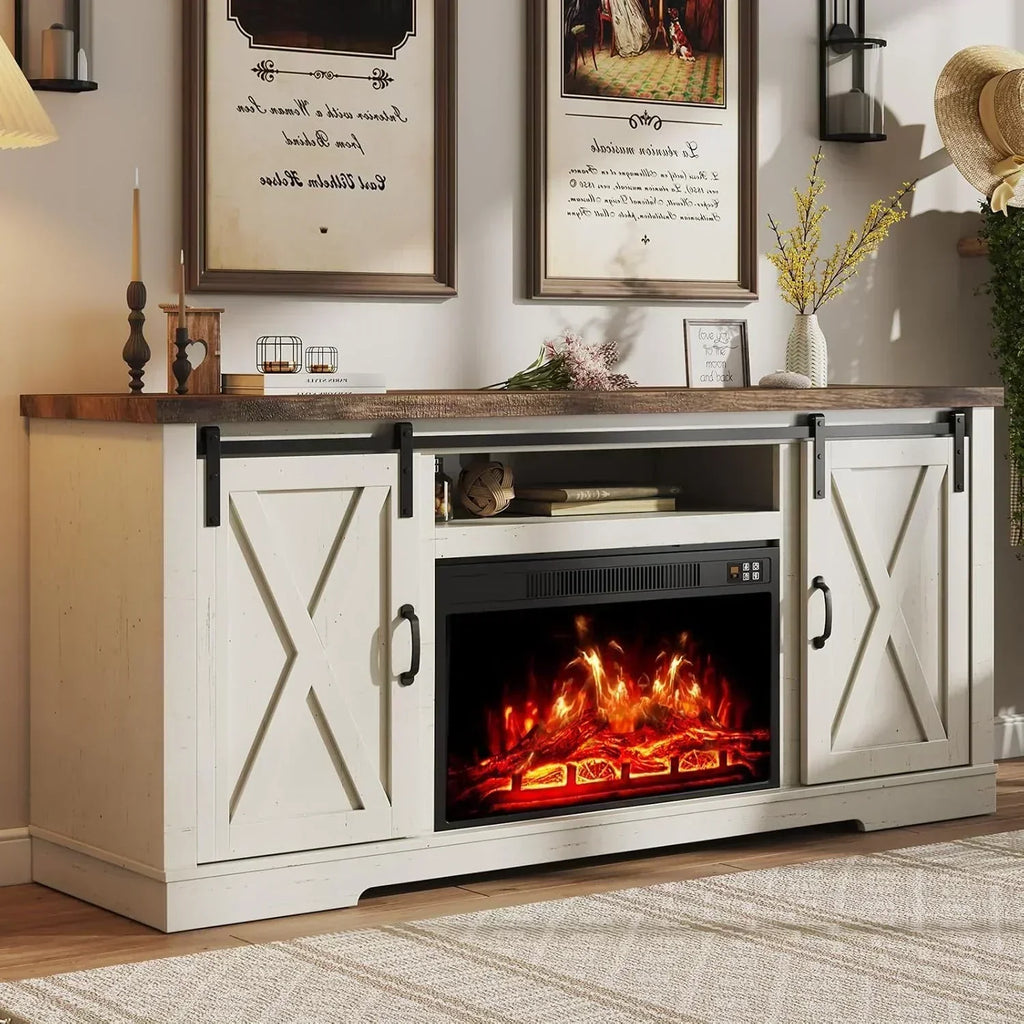 AMERLIFE Fireplace TV Stand with Sliding Barn Door  Farmhouse 63 Fireplace Entertainment Center