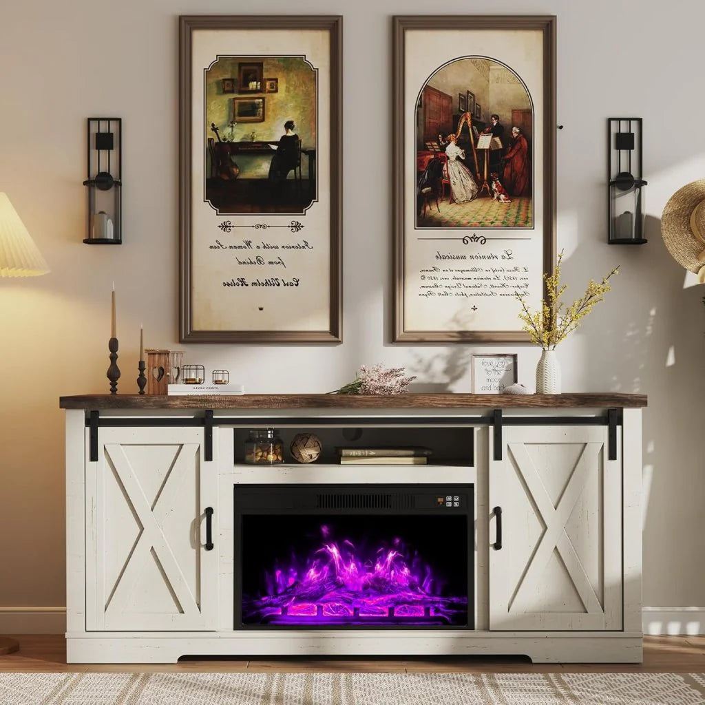 AMERLIFE Fireplace TV Stand with Sliding Barn Door for TVs up to 73, Farmhouse 63 Fireplace Entertainment Center with Storage Cabinets/Adjustable Shelves