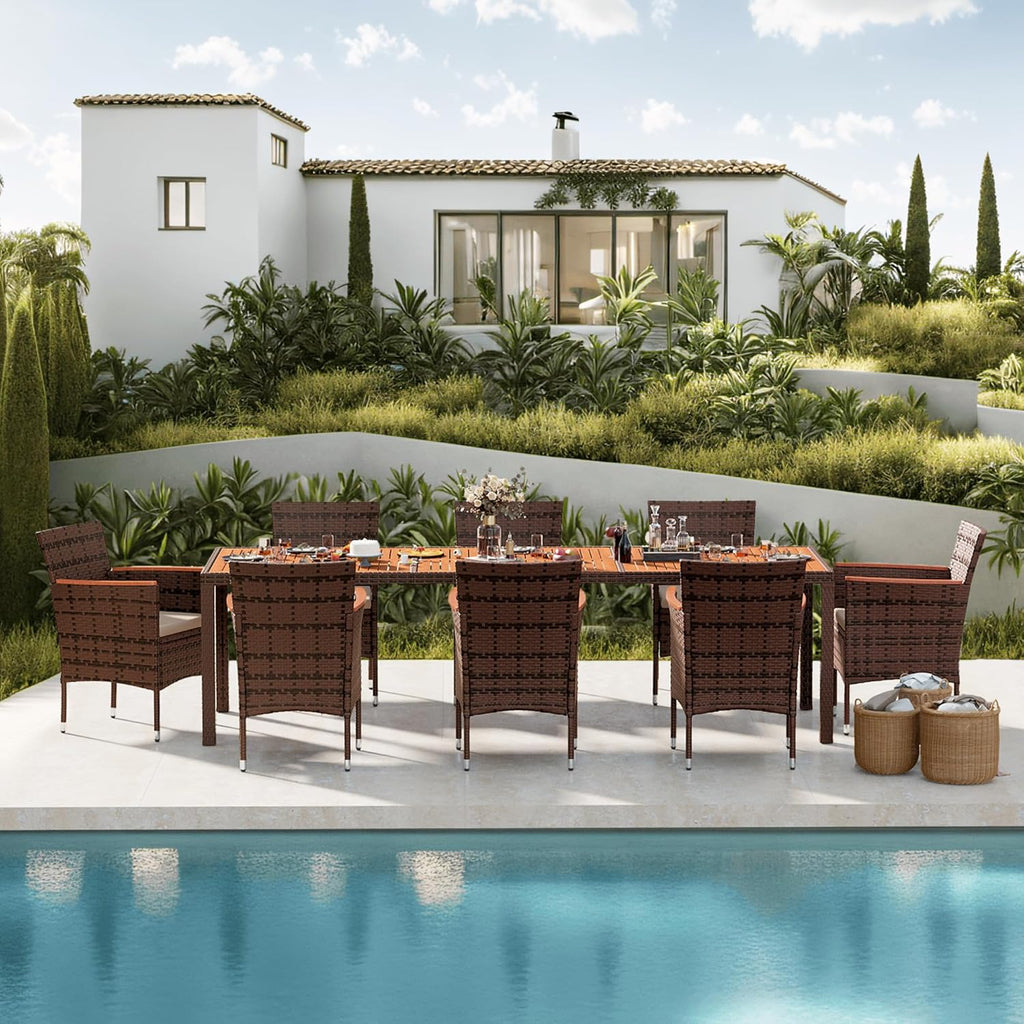 Devoko Dining 7 PCS Furniture Patio Conversation Set with Acacia Wood Table Top Rattan Outdoor