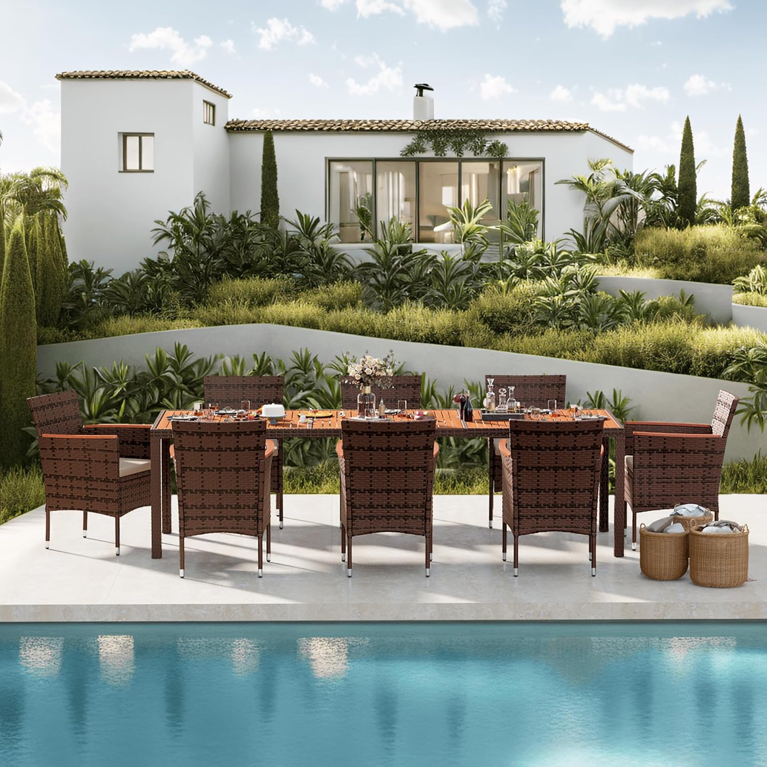 Devoko Dining 7 PCS Furniture Patio Conversation Set with Acacia Wood Table Top Rattan Outdoor
