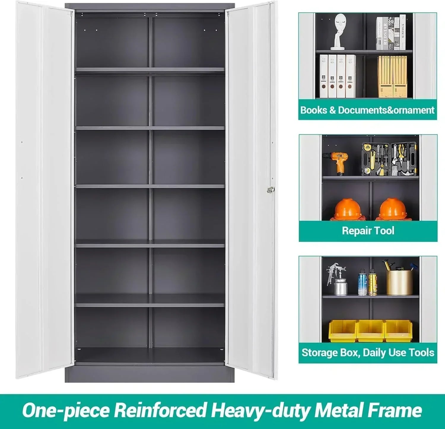 Metal Storage Cabinet with 2 Doors and 6 Shelves Black Metal Cabinet Garage Storage Cabinet