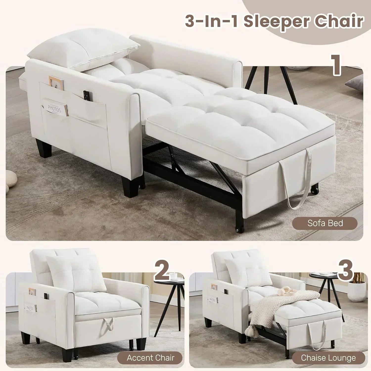 Convertible Sleeper Chair 3 in 1 Sleeper Chair Bed Pull Out Sofa Bed Chairs Velvet Single Sofa