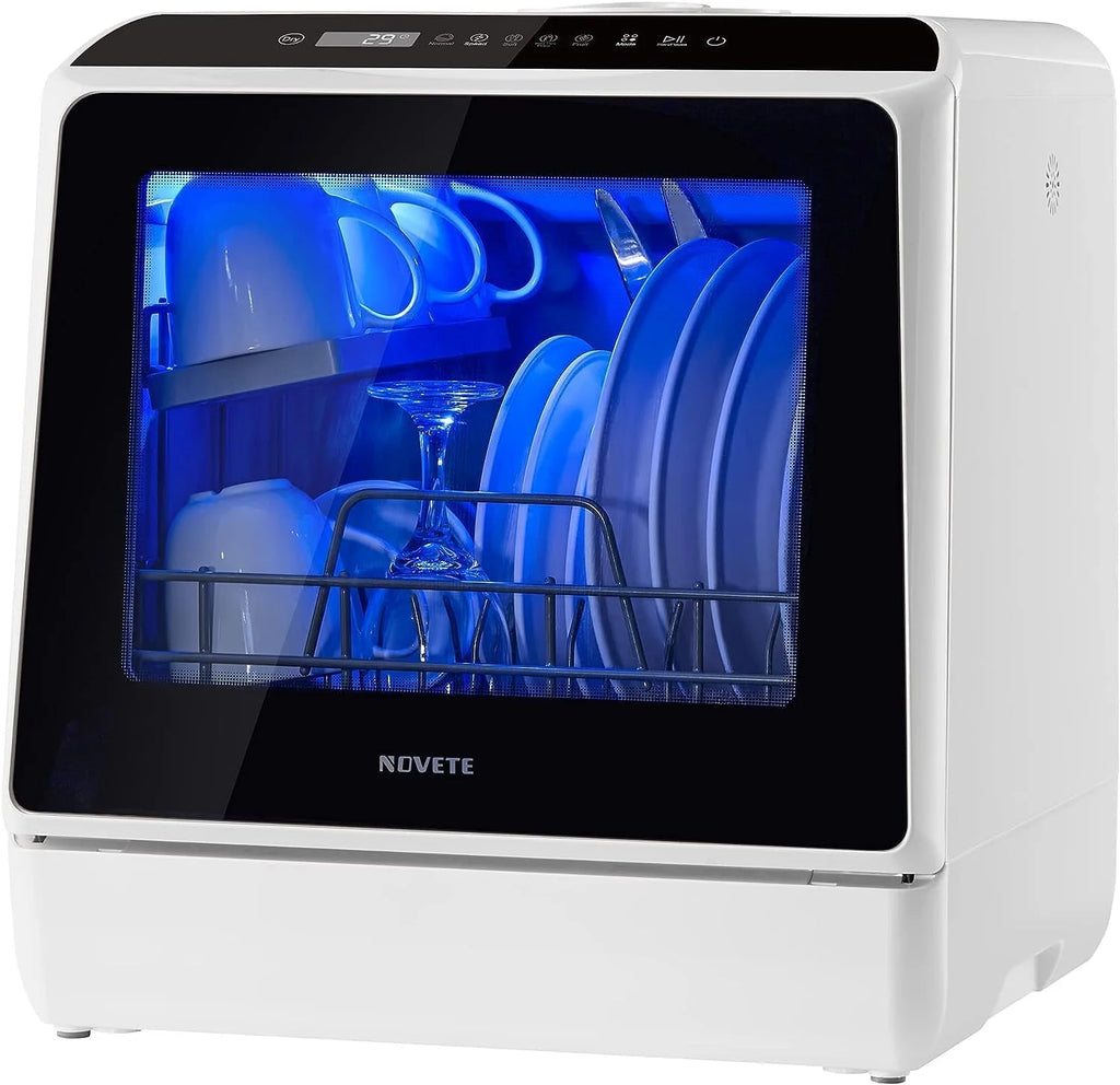 NOVETE Portable Countertop Dishwashers, Compact Dishwashers with 5L Built-in Water Tank & Inlet Hose