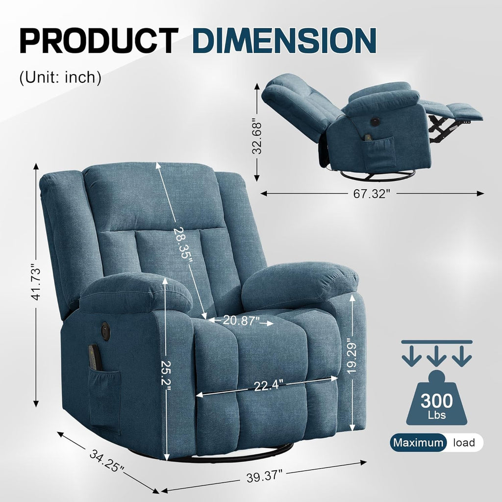 Adult rocking chair, gliding recliner, 360° rotating rocking chair with massage and heating function