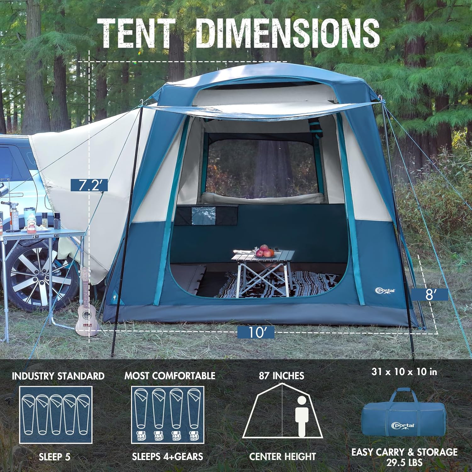Portal 5-Person SUV Tent with Porch 2-in-1 Car Camping Tent Water-Resistant Windproof Trunk Tent