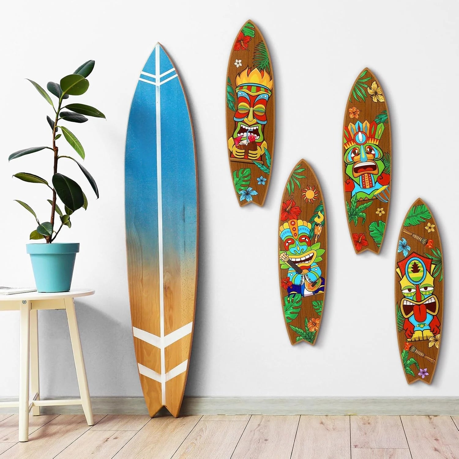 Blulu 4 Pcs Surfboard Wall Decor Surfboard Wall Hanging Sign Wooden Beach Decoration Summer Theme Decor Hawaiian Luau Party Decoration for Home Bar Aloha Tropical Birthday Party(Tiki)