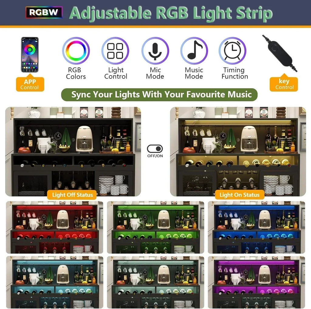 Wine Bar Cabinet with LED Light Liquor Cabinet with Glass Holder Coffee Bar for Liquor