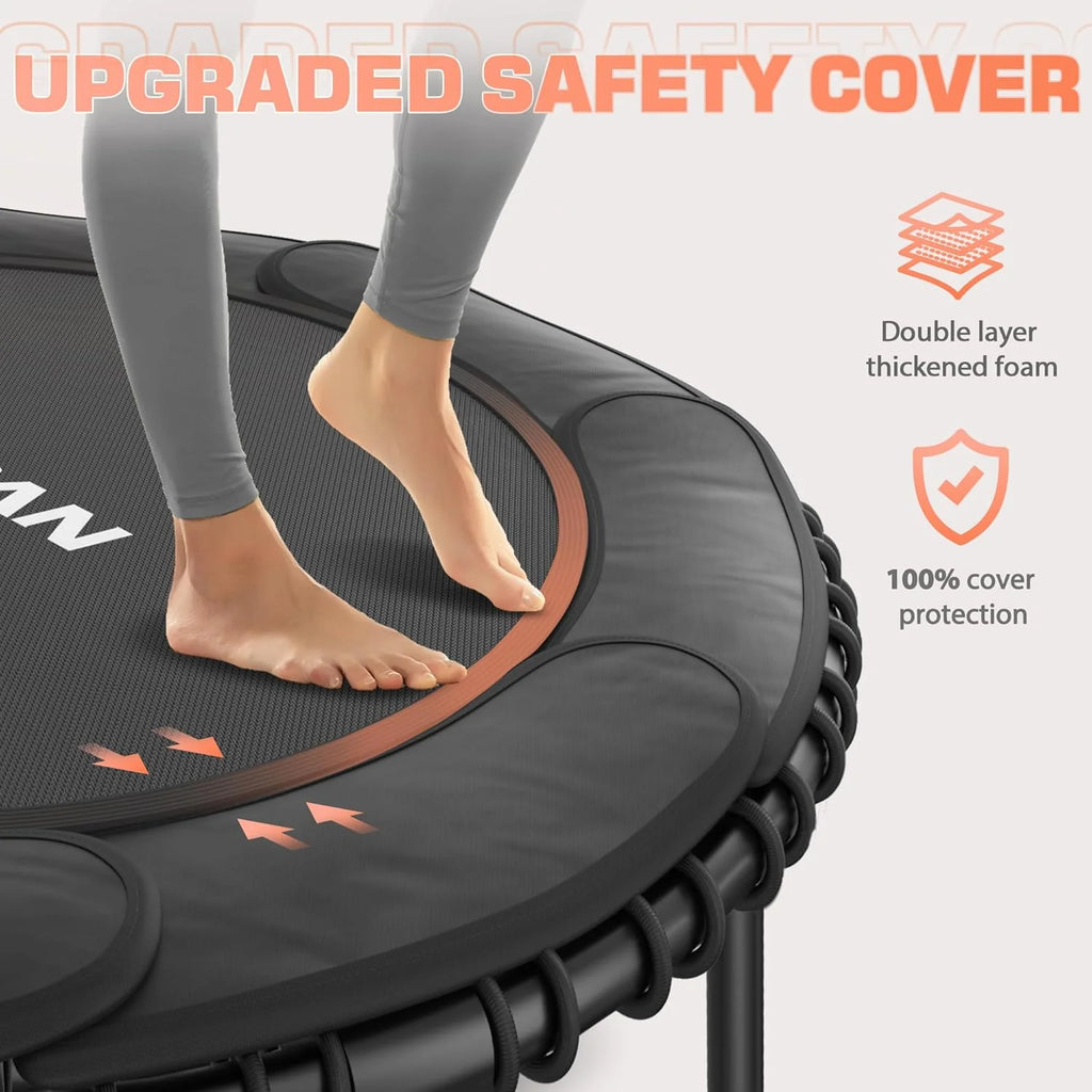 BCAN 450/550 LBS Foldable Mini Trampoline, 40/48 Fitness Trampoline with Bungees, U Shape Adjustable Foam Handle, Stable & Quiet Exercise Rebounder for Adults Indoor/Outdoor Workout