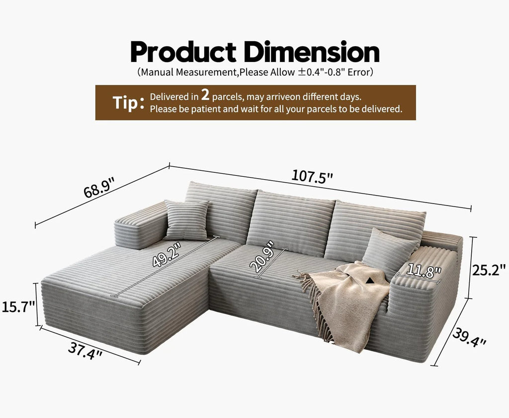 107.5 inch Cloud Modular Sectional Sofa with L-Shaped Chaise Lounge, Modern Minimalist Upholstered Sofa Deep Seating Corner Sofa