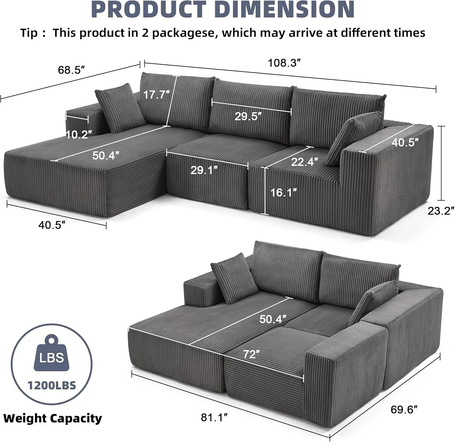 108 inch sectional sofa cloud sectional sofa with deep seat modern sectional L shaped sofa