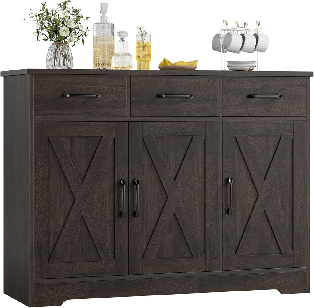 Modern farmhouse sideboard barn door buffet storage cabinet with drawers and shelves