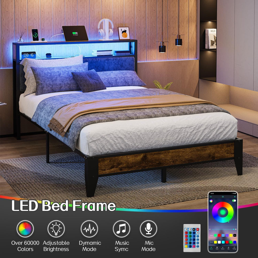 OLEVS Single Bed Frame LED Light Storage Headboard Type C Charging Station Metal Platform Bed