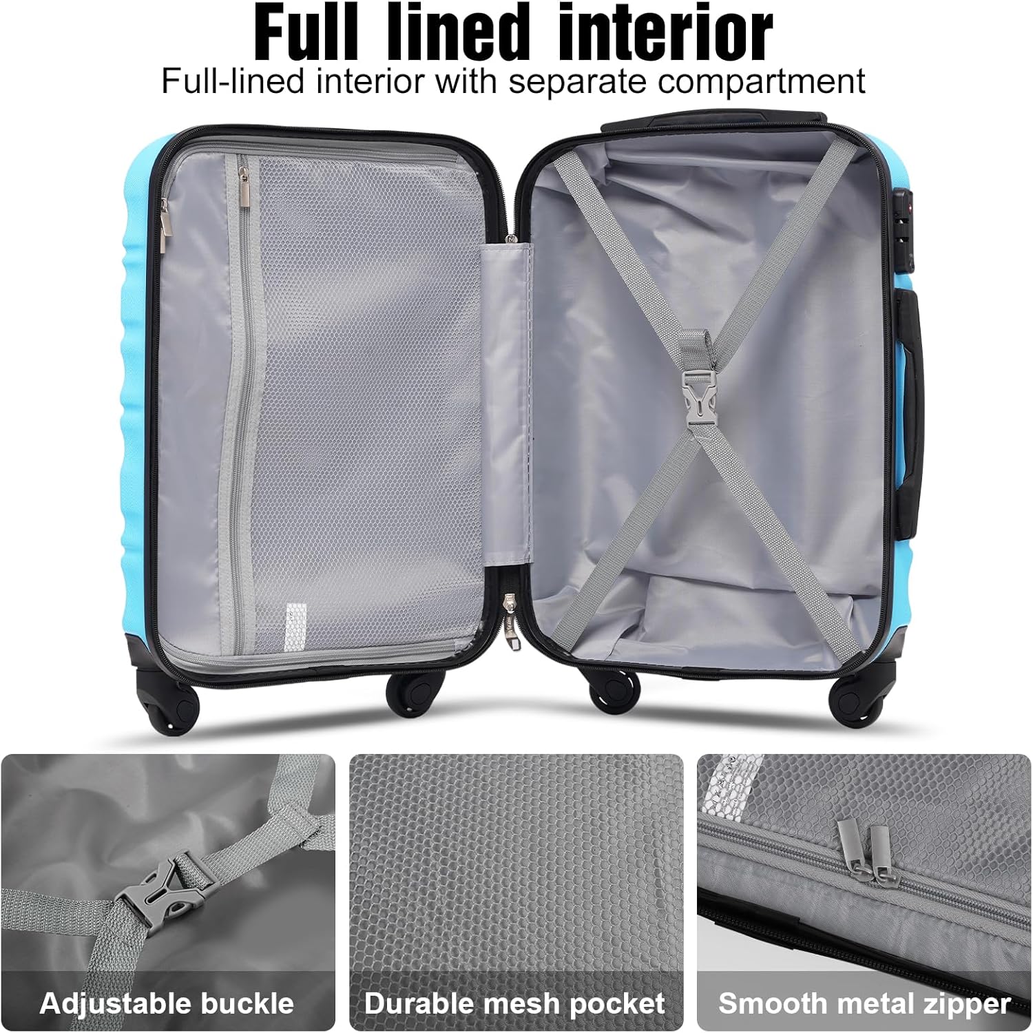 LONG VACATION 6 Piece Luggage Set Carry on Suitcase with ABS+PC hardshell, Spinner Wheels & YKK Zipper TSA Lock