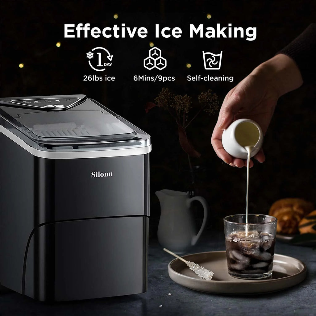 Nugget Ice Maker Countertop, Silonn Chewable Pellet Ice Machine with Self-Cleanin Function, 33lbs/24H Portable Ice Makers for Home Kitchen Officce, Black