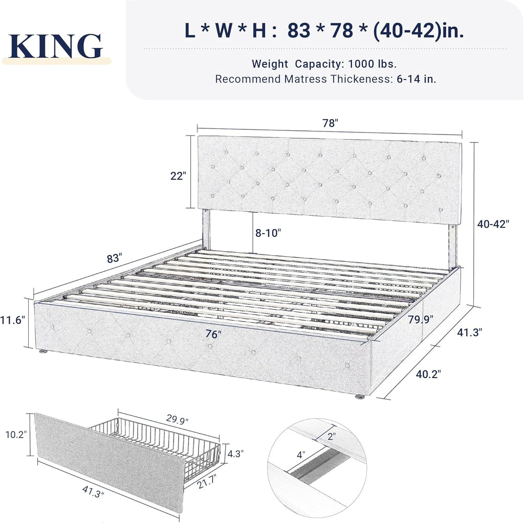 Allewie Upholstered Queen Size Platform Bed Frame with 4 Storage Drawers and Headboard