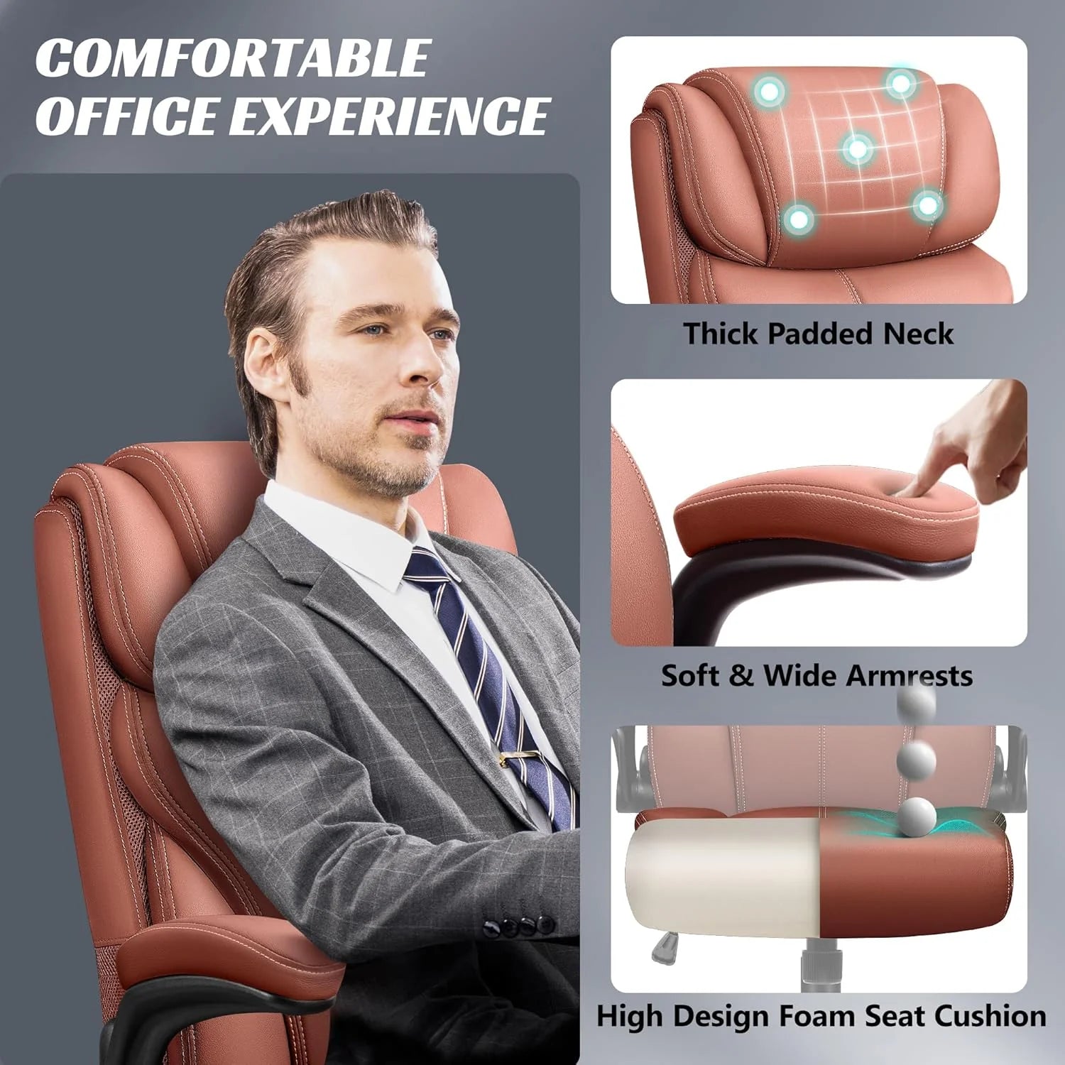 Office Chair Large High-Foot Computer Desk Chair, Breathable Leather Chair Lumbar Support Rotating Computer Chair