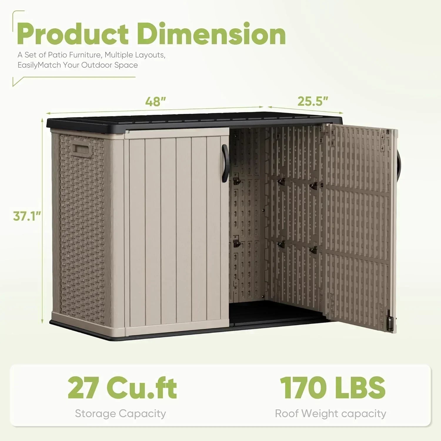 Devoko Outdoor Storage Cabinet 26 Cu Ft with Lockable Doors Horizontal Storage Shed Waterproof