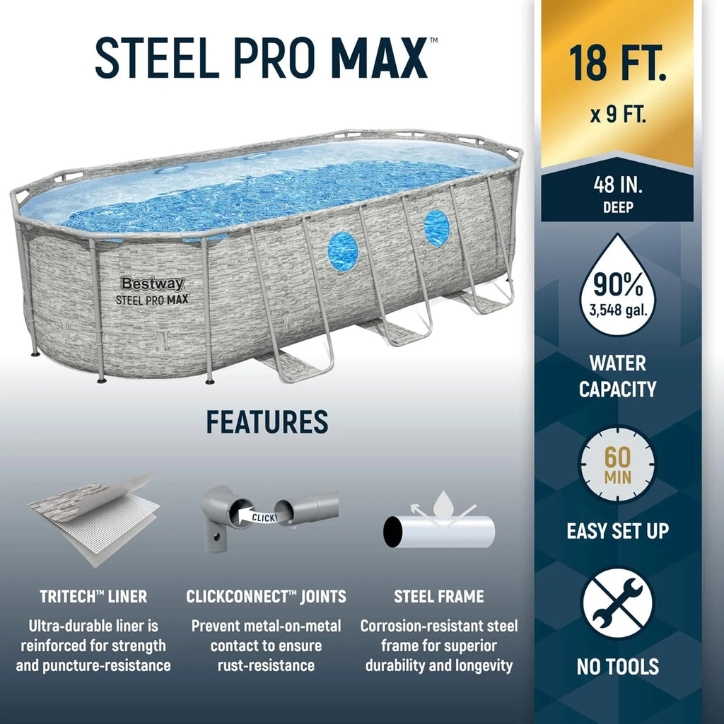 Power Steel Swim Vista Series II 14' x 8' 2 x 39.5 Above Ground Outdoor Swimming Pool Set with 530 GPH Filter Pump, Ladder, and Pool Cover