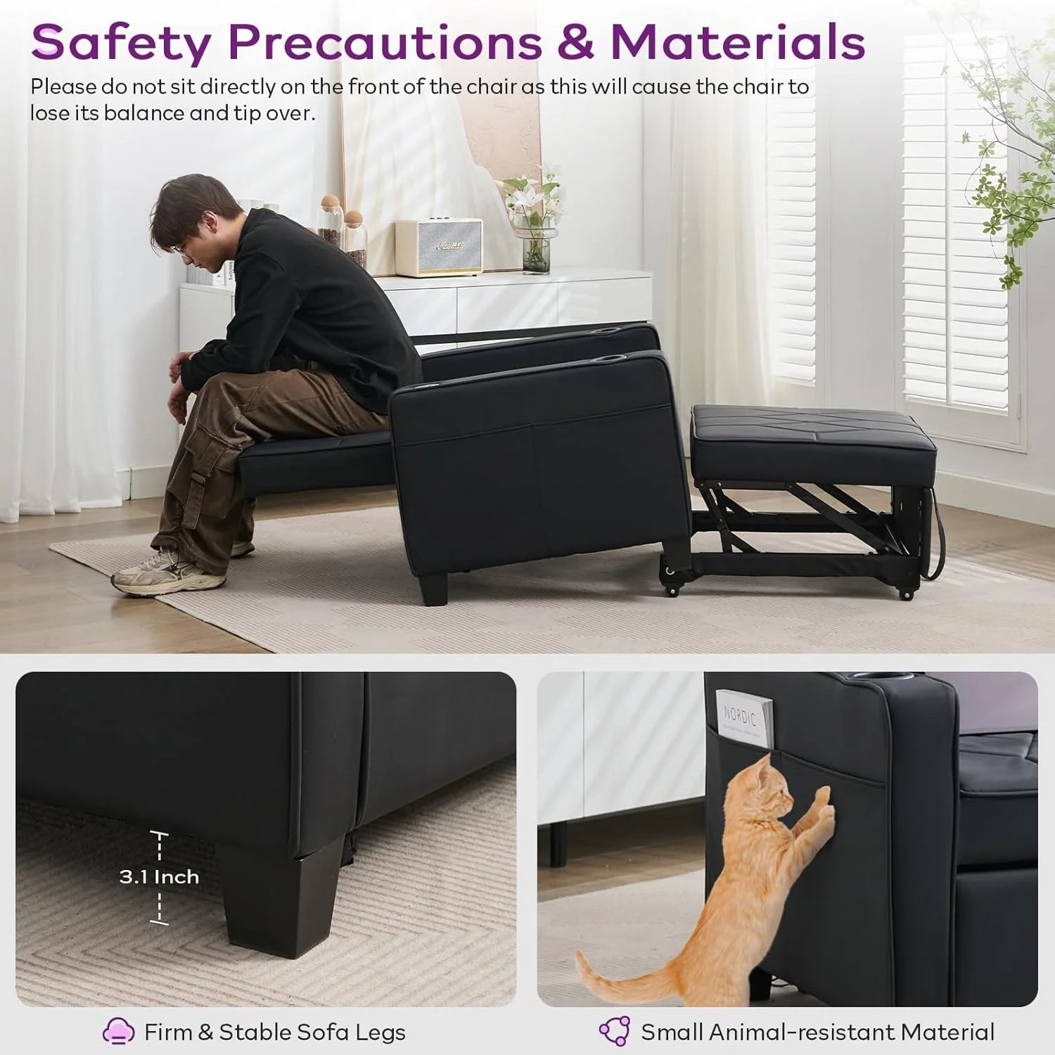 Adult Convertible Sleeper Chair Bed, 3-in-1 Pull-Out Sofa Bed with USB/Type-C Ports, Cup Holders, Side Pockets, Single Sofa
