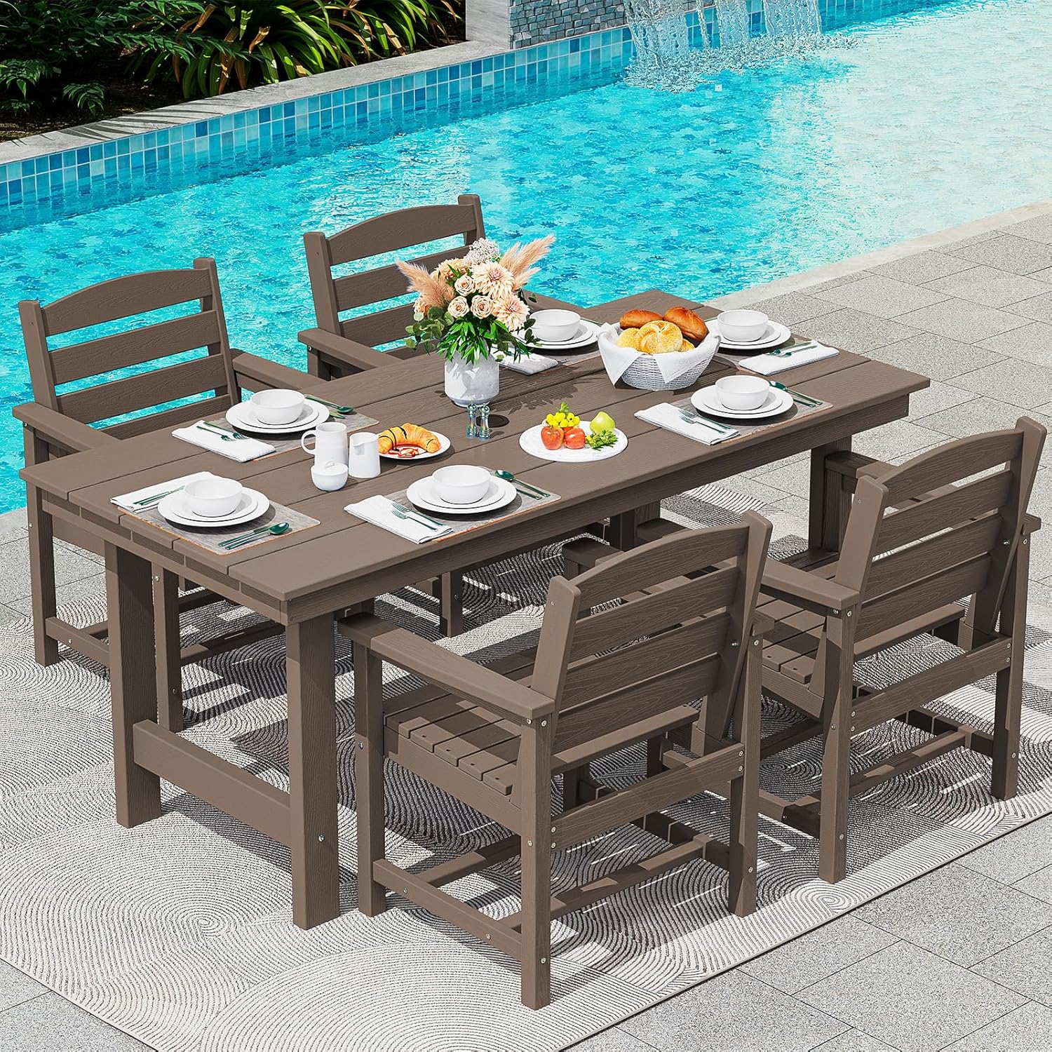 SERWALL 7-Piece Patio Dining Table Sets, Outdoor HDPE Dining Furniture Set with Umbrella Hole Cut-Out Table and 6 Chairs, Blue