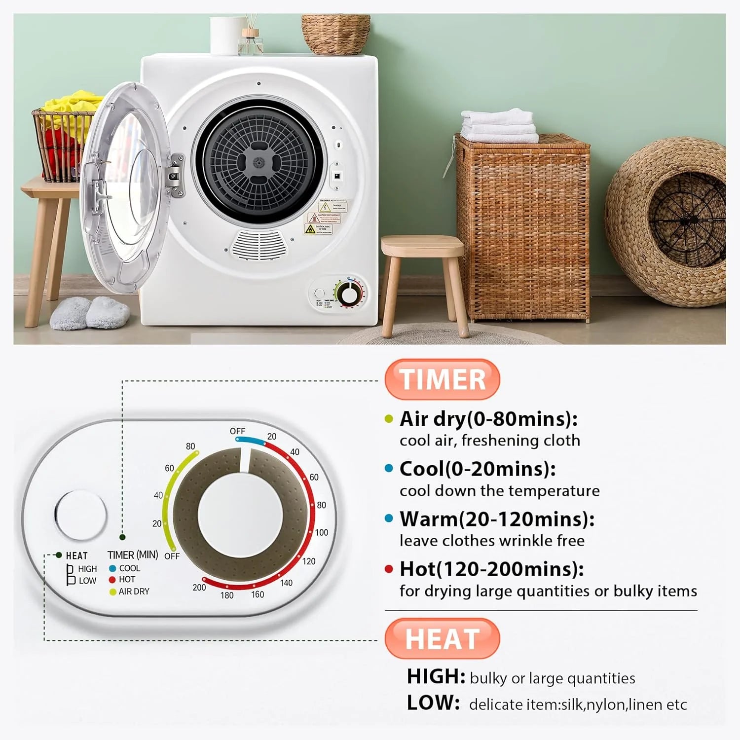 Compact Laundry Dryer, 3.5 cu ft Front Load Stainless Steel Clothes Dryers With Exhaust Pipe, 1500W, LCD Control Panel Four-Function Portable Dryer For Apartments, Home, Dorm, White