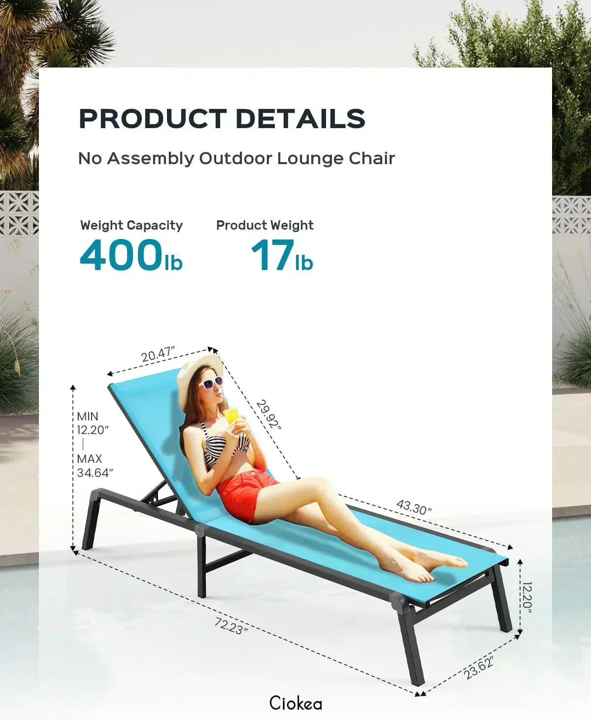Aluminum Chaise Lounge Outdoor Foldable Assemble Free Outdoor Lounge Chair 5 Adjustable Backrest
