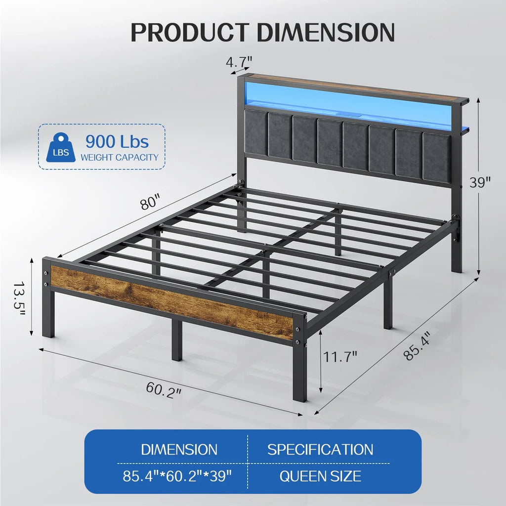 Queen Size Bed Frame with 2-Tier Storage Shelves Headboard Platform Bed Charging Station