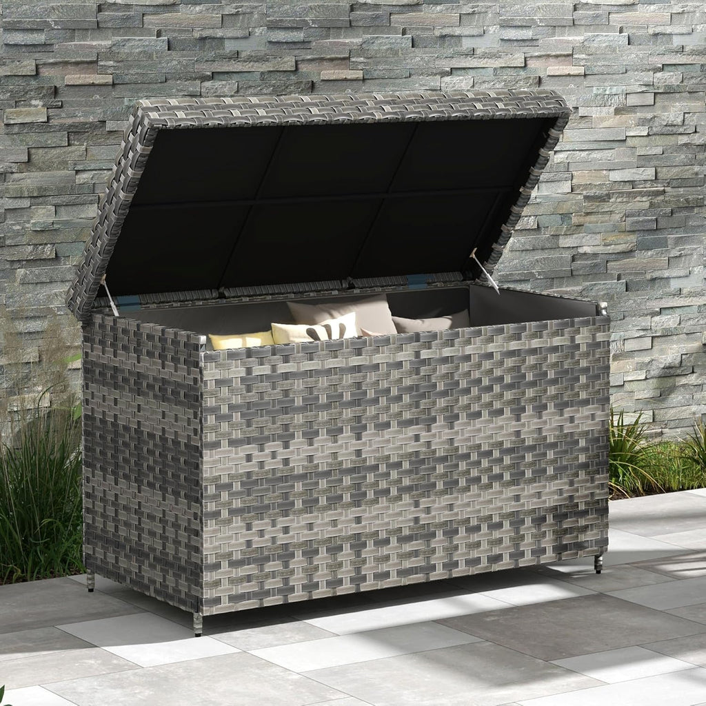 DWVO 70Gal Outdoor Storage Bench with Cushion Composite Wood Backrest Wicker Deck Bench