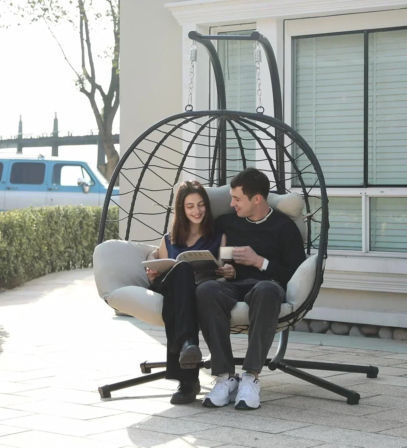 Double Egg Chair wth Stand Hammock Swing Chair Foldable Hanging Loveseat UV Resistant