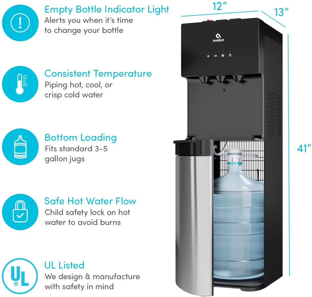 Avalon Bottom Loading Water Cooler Water Dispenser with BioGuard- 3 Temperature Settings - Hot, Cold & Room Water, Durable Stainless Steel Construction, Anti-Microbial Coating- UL Listed