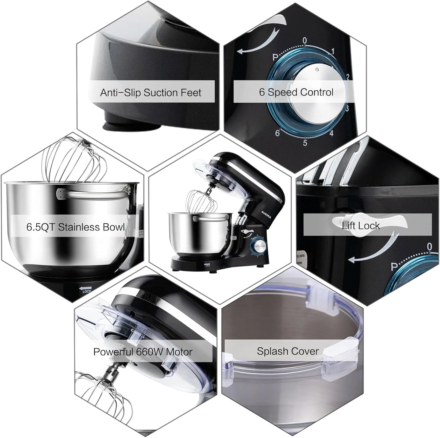 Aucma Stand Mixer,6.5-QT 660W 6-Speed Tilt-Head Food Mixer, Kitchen Electric Mixer with Dough Hook