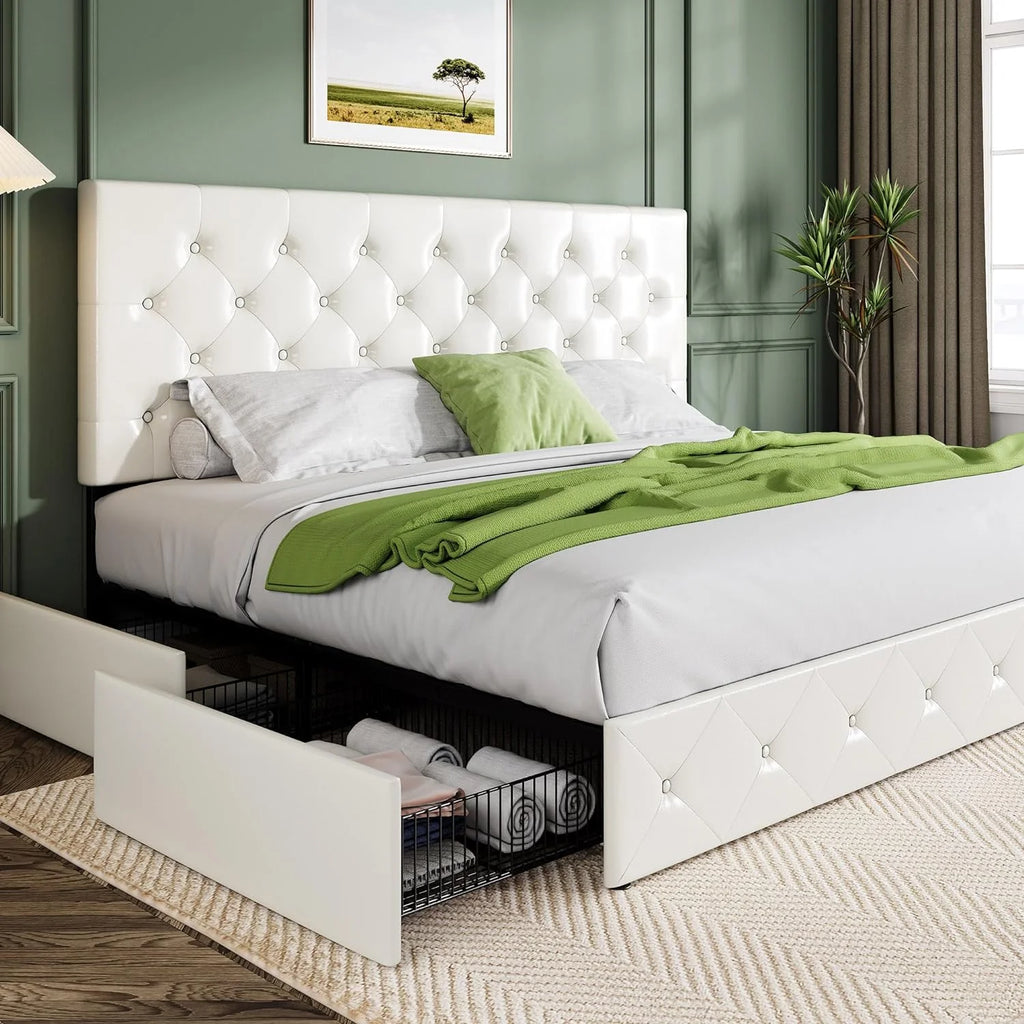 Allewie Upholstered Queen Size Platform Bed Frame with 4 Storage Drawers and Headboard