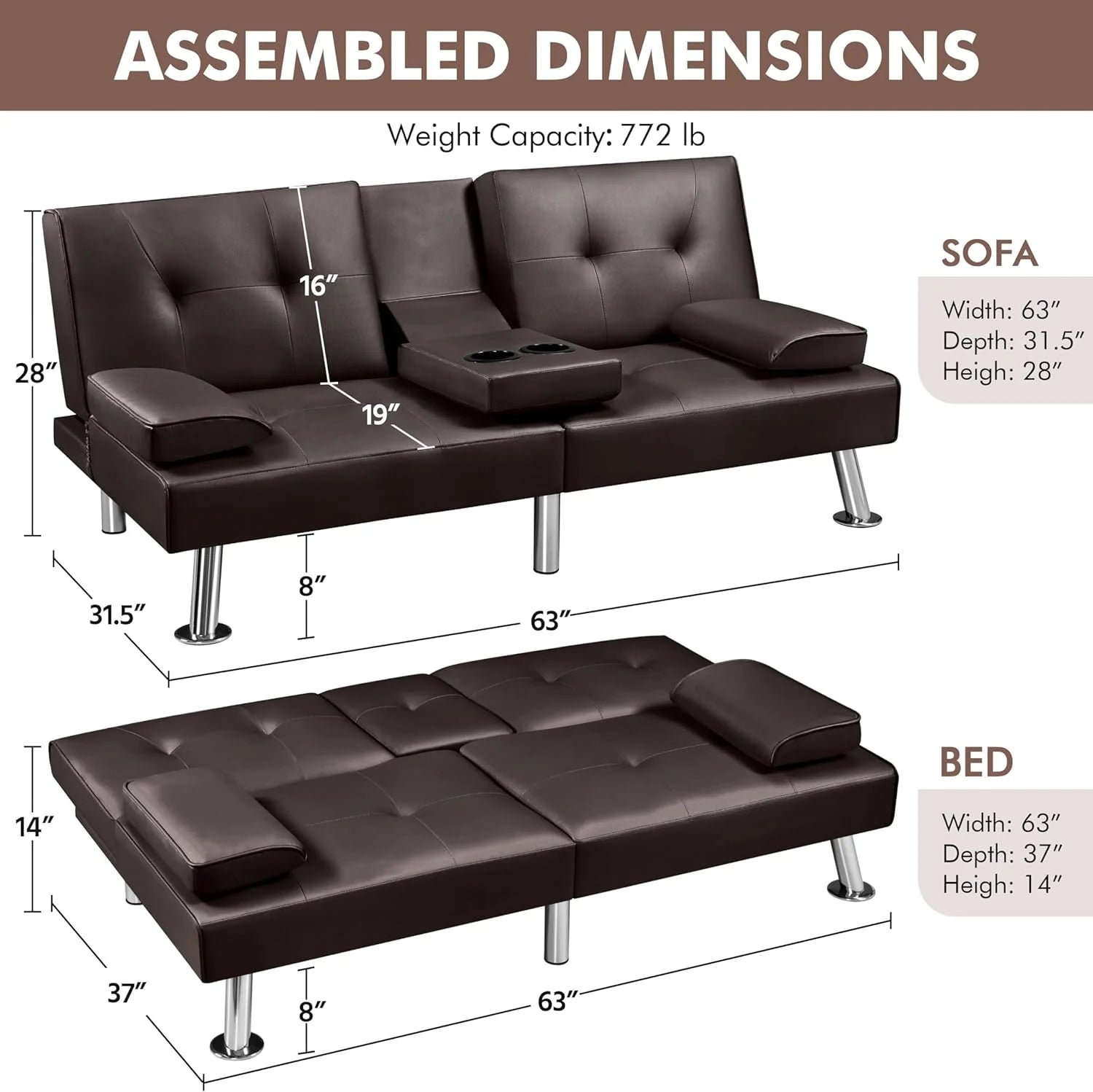 Yaheetech Convertible Sofa Bed Adjustable Couch Sleeper Modern Faux Leather Home Recliner Reversible Loveseat Folding Daybed Guest Bed, Removable Armrests, Cup Holders, 3 Angles, 772lb Capacity, Brown