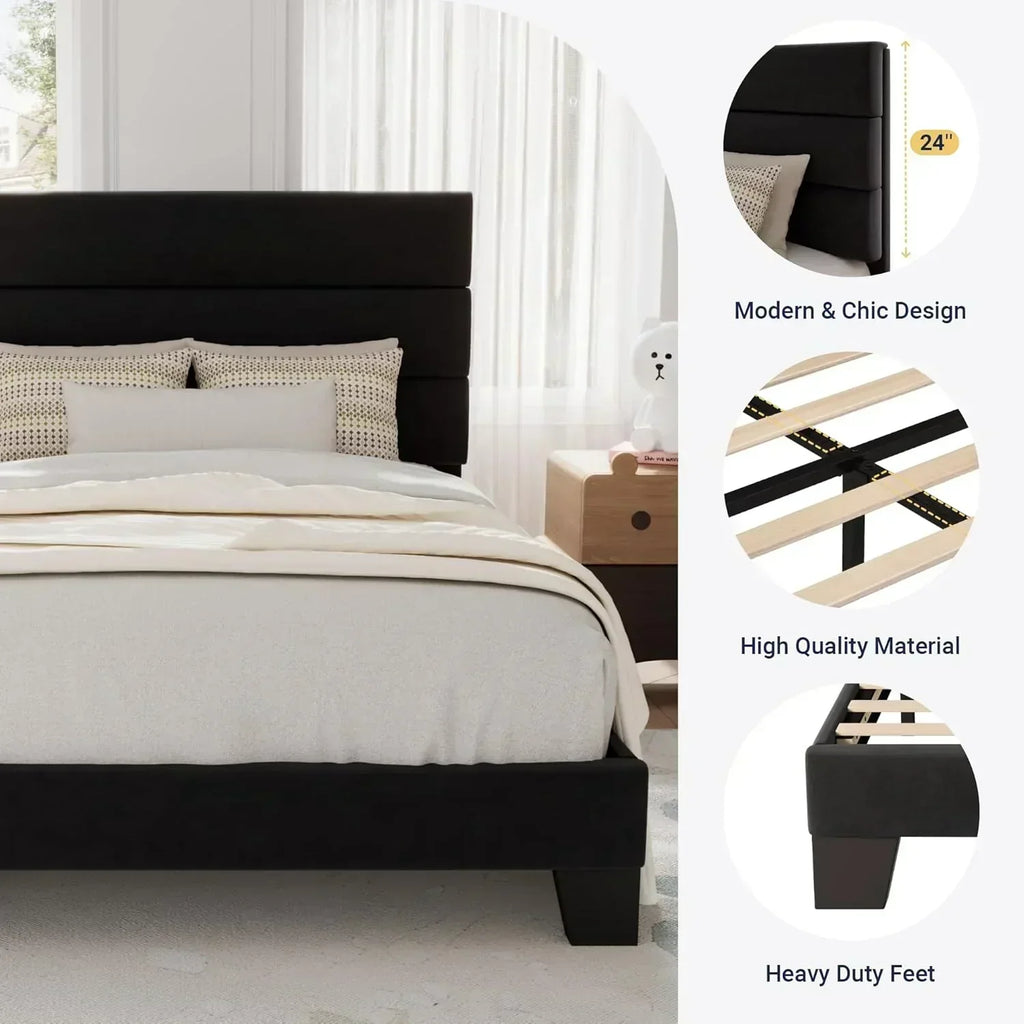 Allewie King size platform bed frame with velvet upholstered headboard and planks