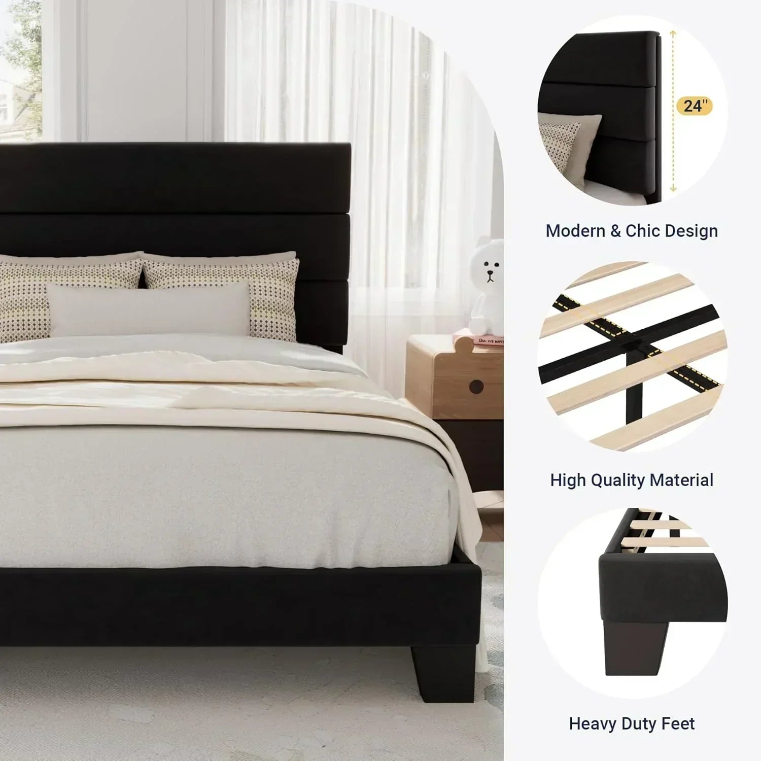 Allewie King size platform bed frame with velvet upholstered headboard and planks
